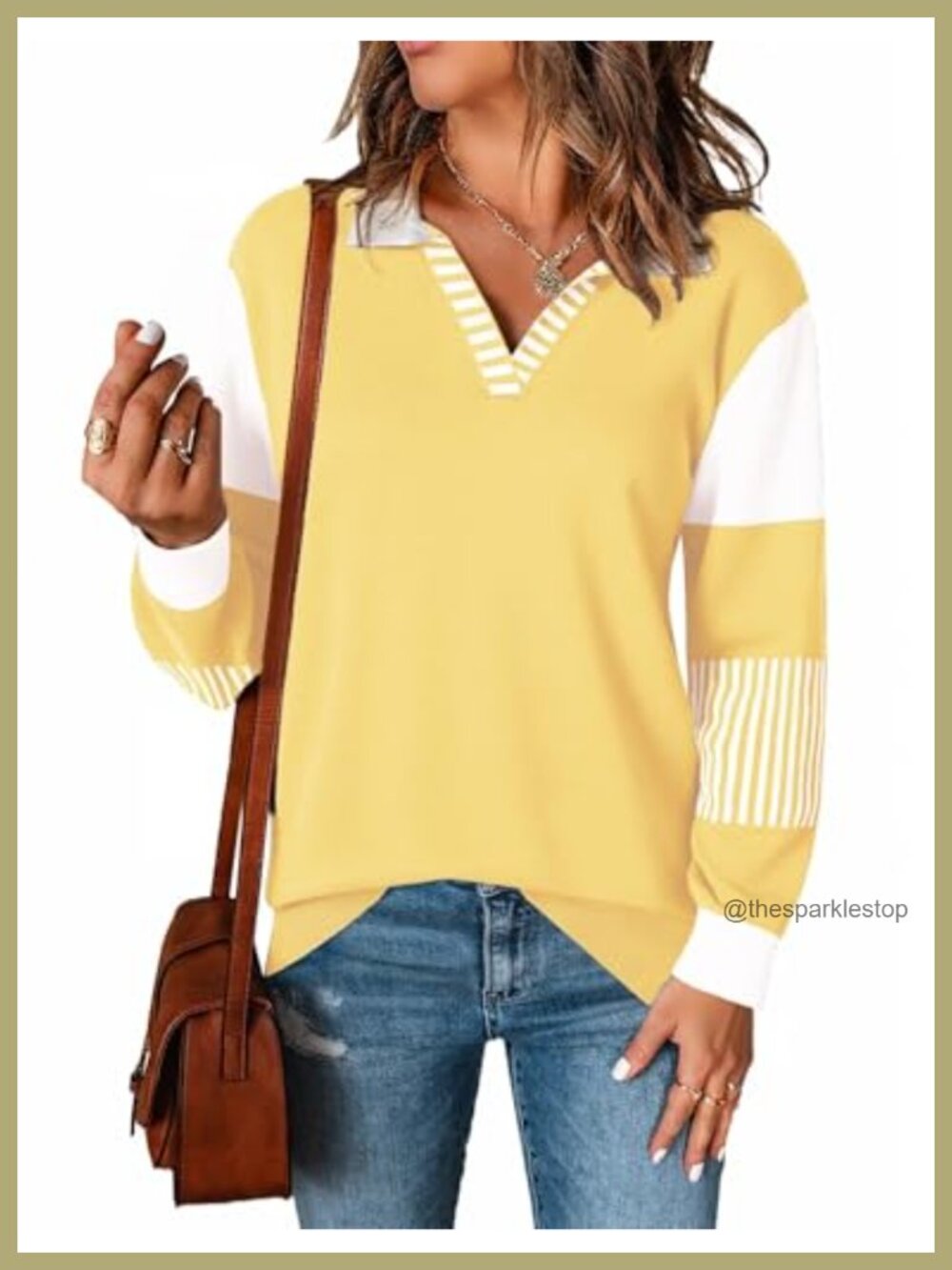 V Neck Long Sleeve Loose Knit Sweater Color Block Striped Pullover Jumper